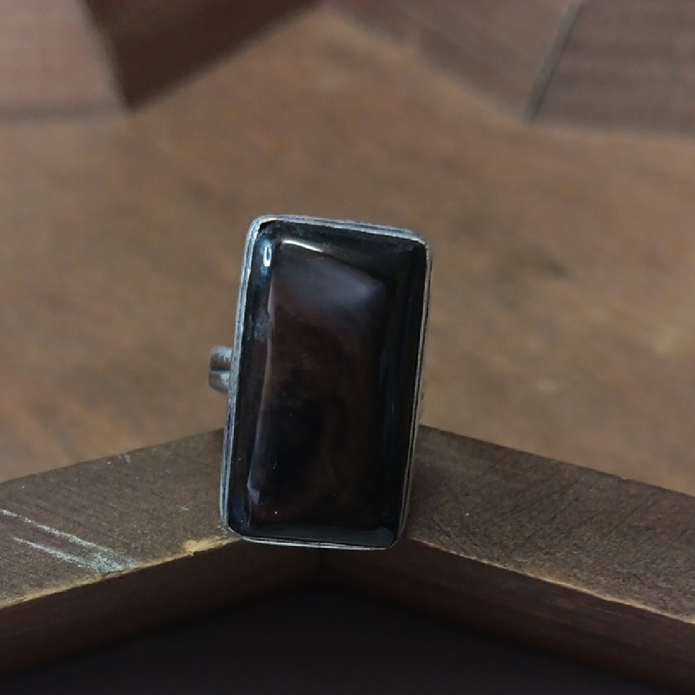 Rectangular Silver And Brown Stone Ring - image 1
